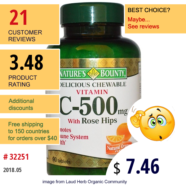 Natures Bounty, Delicious Chewable Vitamin C-500 Mg, With Rose Hips, Natural Orange Flavor, 90 Tablets