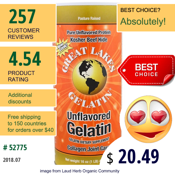 Great Lakes Gelatin Co., Beef Hide Gelatin, Collagen Joint Care, Unflavored, 16 Oz (454 G)