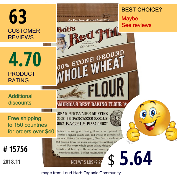 Bobs Red Mill, 100% Stone Ground Whole Wheat Flour, 5 Lbs (2.27 Kg)  