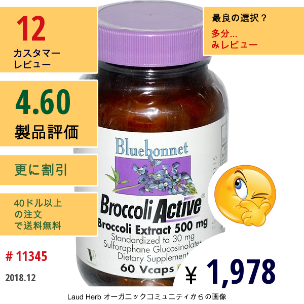 Bluebonnet Nutrition, ブロッコリーアクティブ, ブロッコリーエキス, 500 Mg, ベジタリアンカプセル60粒  