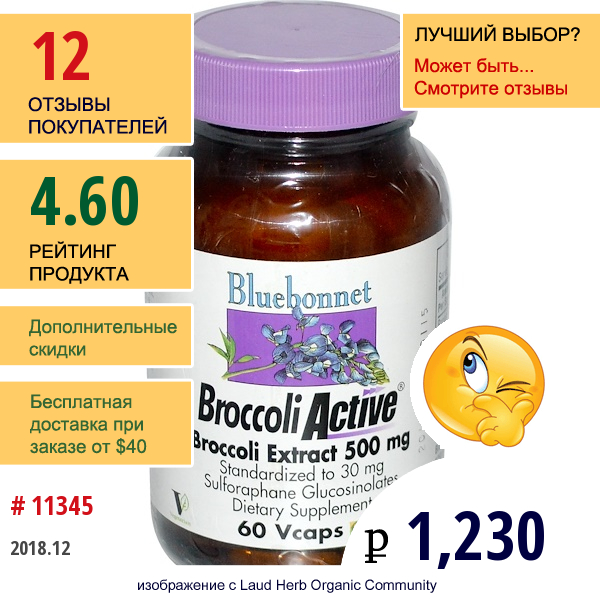 Bluebonnet Nutrition, Broccoliactive, Экстракт Брокколи, 500 Мг, 60 Вегетарианских Капсул  