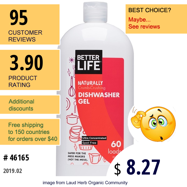 Better Life, Naturally Crumb-Crushing Dishwasher Gel, Fragrance Free, 60 Loads, 30 Oz (887 Ml)