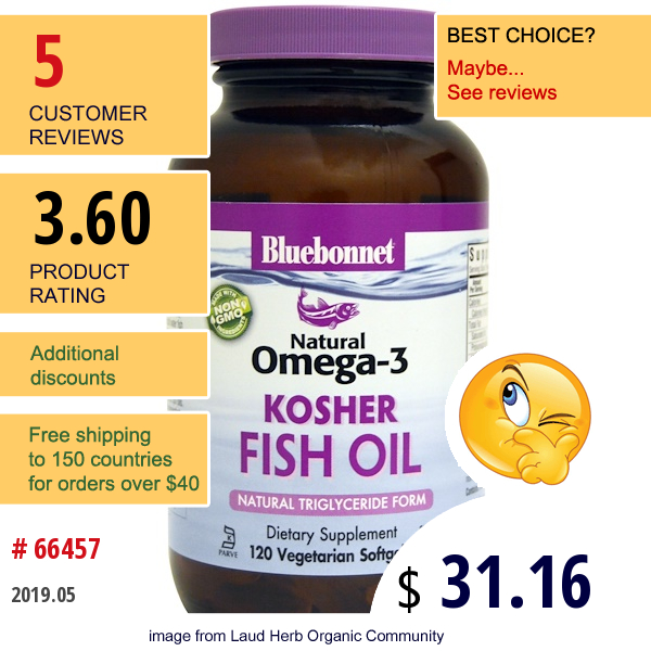 Bluebonnet Nutrition, Kosher Fish Oil, Natural Omega-3, 120 Veggie Softgels
