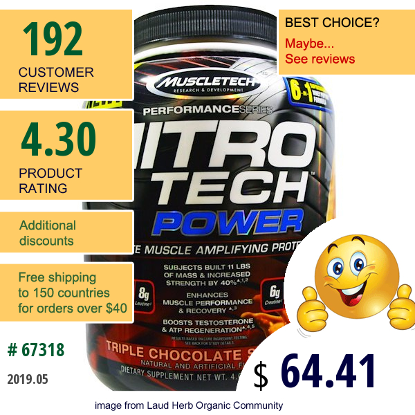Muscletech, Nitro Tech Power, Ultimate Muscle Amplifying Whey Protein Powder, Triple Chocolate Supreme, 4.00 Lbs (1.81 Kg)