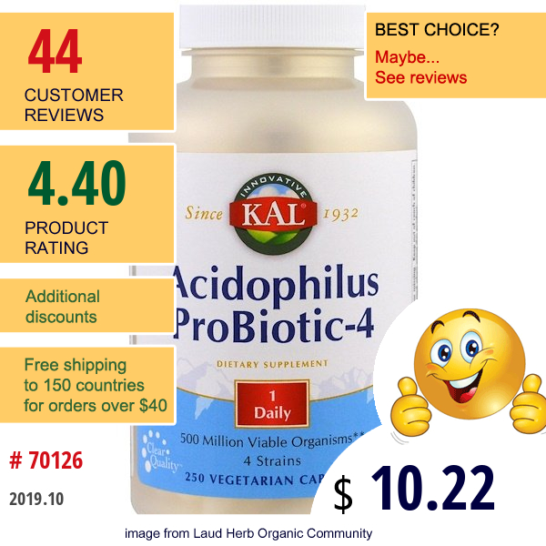 Kal, Acidophilus Probiotic-4, 250 Veggie Caps