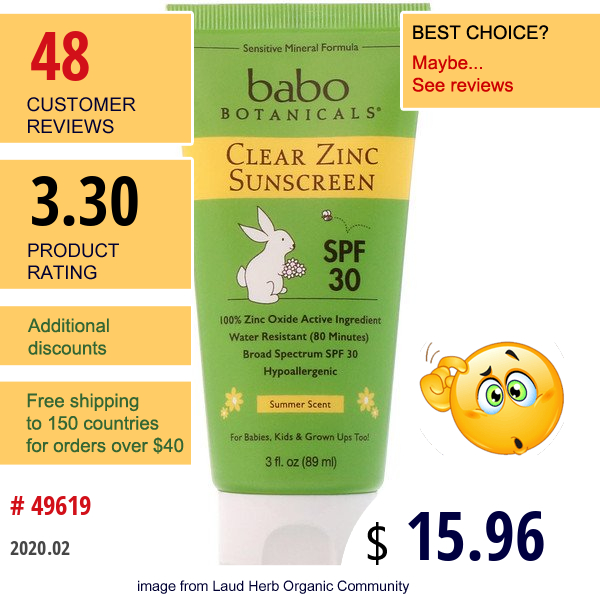 Babo Botanicals, Clear Zinc Sunscreen, 30 Spf, Summer Scent, 3 Fl Oz (89 Ml)