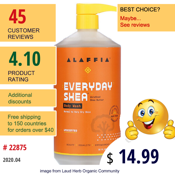 Alaffia, Everyday Shea, Body Wash, Unscented, 32 Fl Oz (950 Ml)