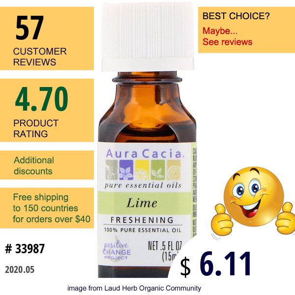Aura Cacia, 100% Pure Essential Oil, Lime, .5 Fl Oz (15 Ml)