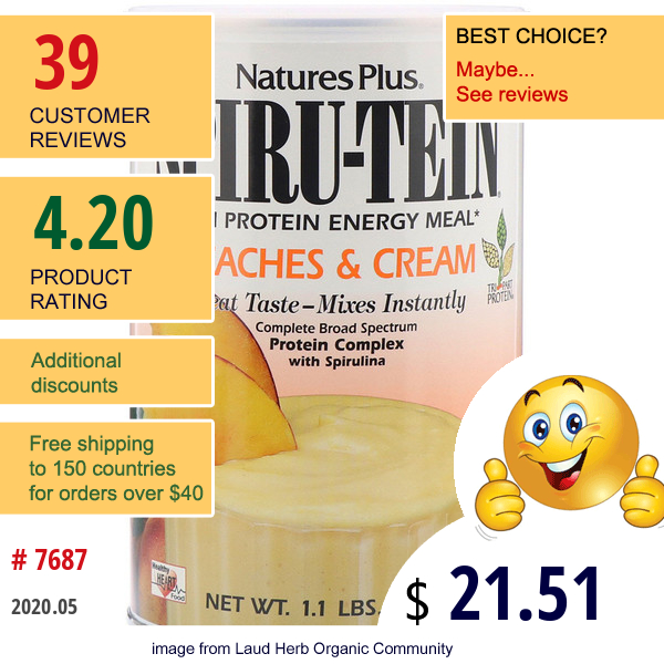 Nature'S Plus, Spiru-Tein, High Protein Energy Meal, Peaches & Cream, 1.1 Lbs (510 G)