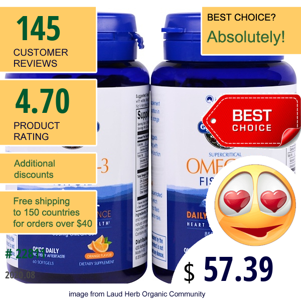 Minami Nutrition, Supercritical, Omega-3 Fish Oil, 850 Mg, Orange Flavor, 120 Softgels Each Minami Nutrition, Supercritical, Omega-3 Fish Oil, 850 Mg, Orange Flavor, 120 Softgels Each