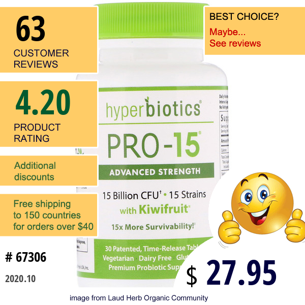 Hyperbiotics, Pro-15, Advanced Strength With Kiwifruit, 15 Billion Cfu, 30 Patented Time-Release Tablets