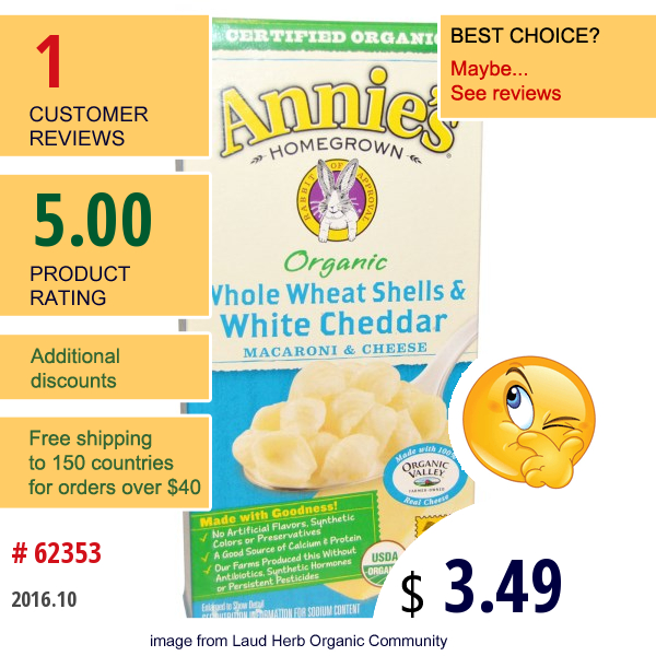 Annies Homegrown, Organic, Macaroni And Cheese, Whole Wheat Shells And White Cheddar, 6 Oz (170 G)