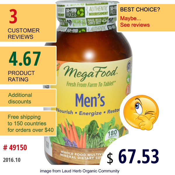 Megafood, Mens, Whole Food Multivitamin & Mineral, Iron Free Formula, 180 Tablets  