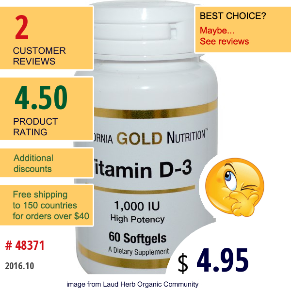 California Gold Nutrition, Vitamin D-3, 1,000 Iu, 60 Softgels  