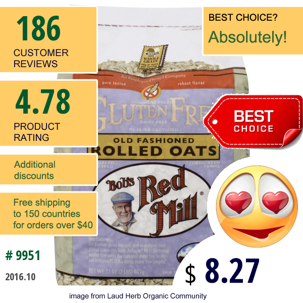 Bobs Red Mill, Gluten Free, Old Fashioned Rolled Oats, 32 Oz (907 G) Bobs Red Mill, Gluten Free, Old Fashioned Rolled Oats, 32 Oz (907 G)