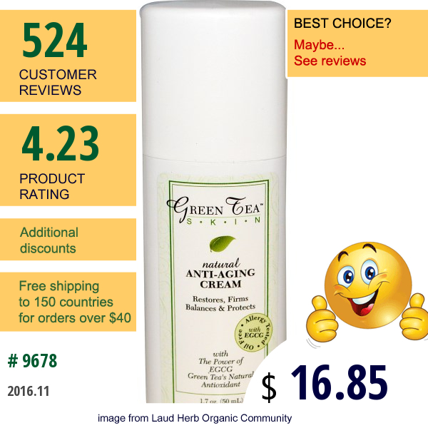 Green Tea Skin Care, Natural Anti-Aging Cream, 1.7 Oz (50 Ml)