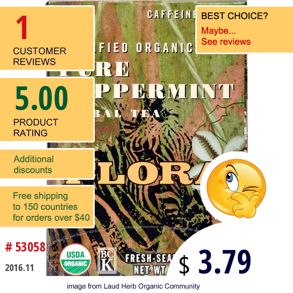 Flora, Certified Organic Herbal Tea, Pure Peppermint, Caffeine-Free, 16 Tea Bags, 0.85 Oz (24 G)  