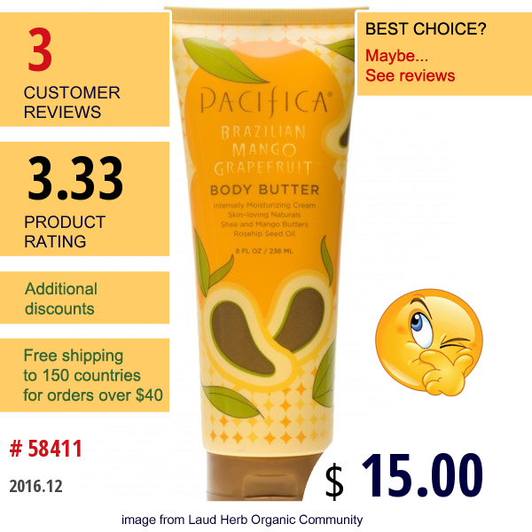 Pacifica, Body Butter, Brazilian Mango Grapefruit, 8 Fl Oz (236 Ml)  