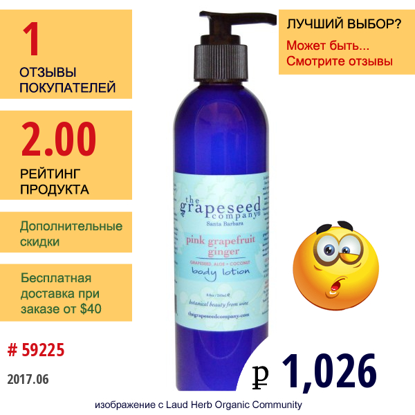 The Grapeseed Company Santa Barbara, Лосьон Для Тела, Розовый Грейпфрут И Имбирь, 8.8 Унций (260 Мл)  