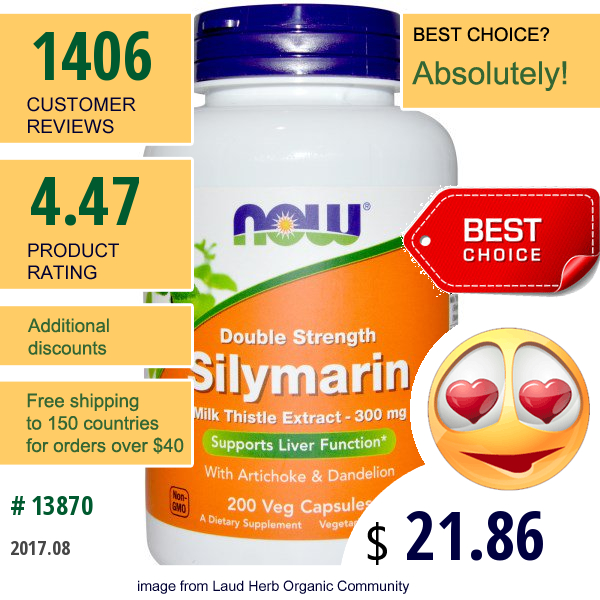 Now Foods, Silymarin, Milk Thistle Extract With Artichoke & Dandelion, Double Strength, 300 Mg, 200 Veg Capsules