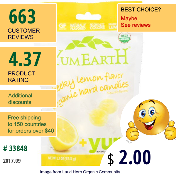 Yumearth, Organic Hard Candies, Cheeky Lemon, 3.3 Oz (93.5 G)