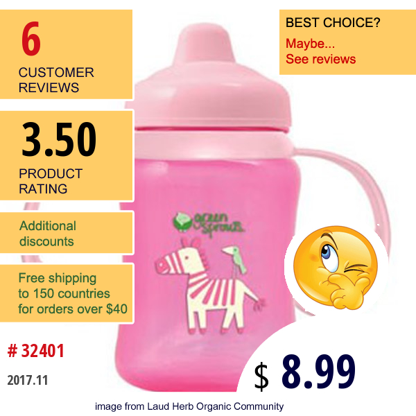 Iplay Inc., Green Sprouts,  Pink Non-Spill Sippy Cup, 3-24 Months, 6 Oz (180 Ml)   