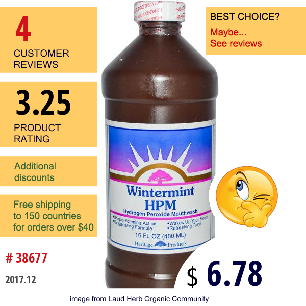 Heritage Store, Hpm, Hydrogen Peroxide Mouthwash, Wintermint, 16 Fl Oz (480 Ml)