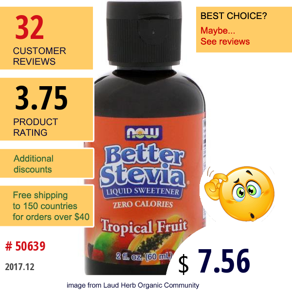 Now Foods, Better Stevia  Liquid Sweetener, Tropical Fruit, 2 Fl Oz (60 Ml)