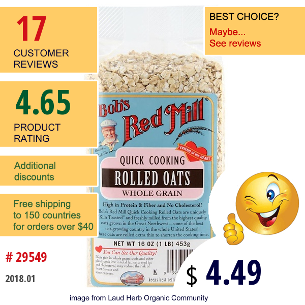 Bobs Red Mill, Quick Cooking Rolled Oats, Whole Grain, 16 Oz (453 G)