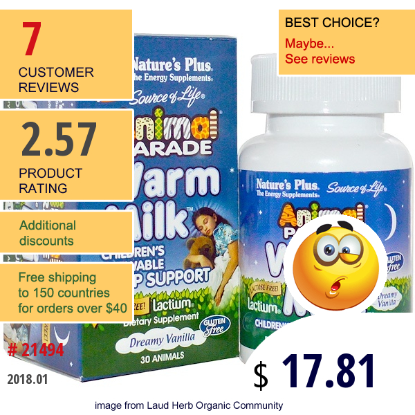 Natures Plus, Source Of Life, Animal Parade, Warm Milk Childrens Chewables, Dreamy Vanilla, 30 Animals