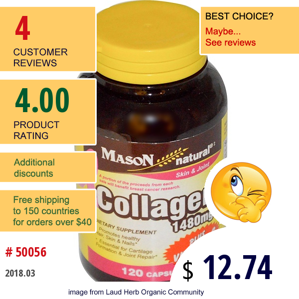 Mason Natural, Collagen Plus Vitamin C, 1480 Mg, 120 Capsules  