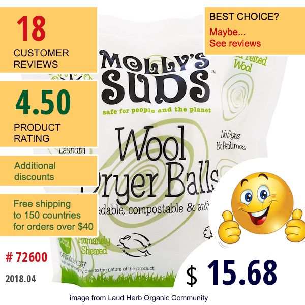 Mollys Suds, Wool Dryer Balls, 3 Balls