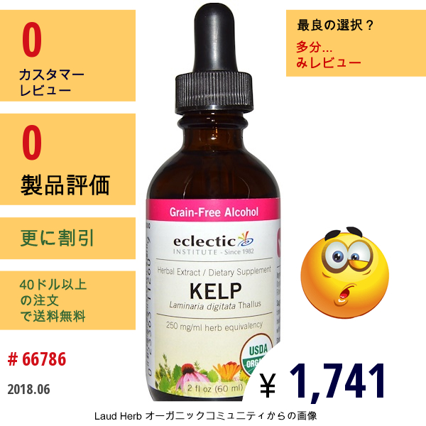 Eclectic Institute, オーガニックケルプ（コンブ）、 穀物不使用アルコール、 2 液量オンス (60 Ml)  