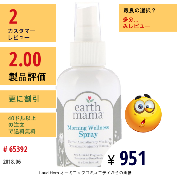 Earth Mama, モーニングウェルネス スプレー、 4 Fl Oz (120 Ml)  