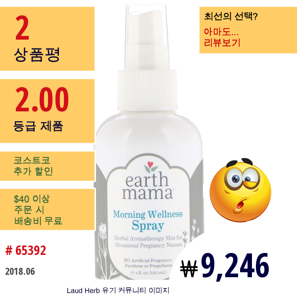 Earth Mama, 모닝 웰니스 스프레이, 4 액량 온스 (120Ml)  