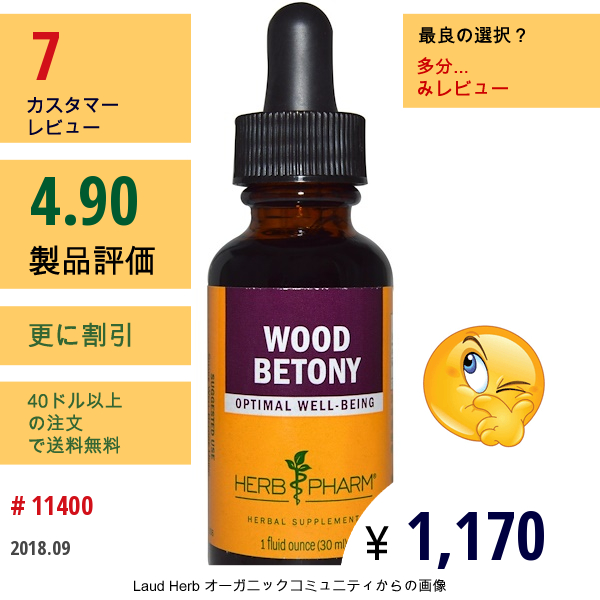 Herb Pharm, カッコウチョロギ（Wood Betony）, 1液量オンス（30 Ml）