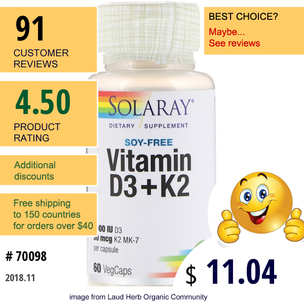 Solaray, Vitamin D3 + K2, Soy Free, 60 Vegcaps