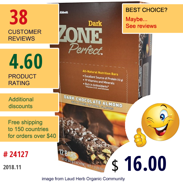 Zoneperfect, Dark, All-Natural Nutrition Bars, Dark Chocolate Almond, 12 Bars, 1.58 Oz (45 G) Each