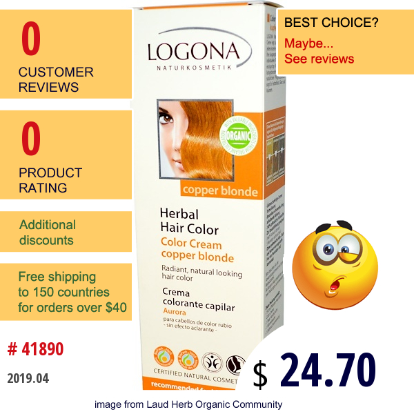 Logona Naturkosmetik, Herbal Hair Color, Copper Blonde, 5.1 Fl Oz (150 Ml)  