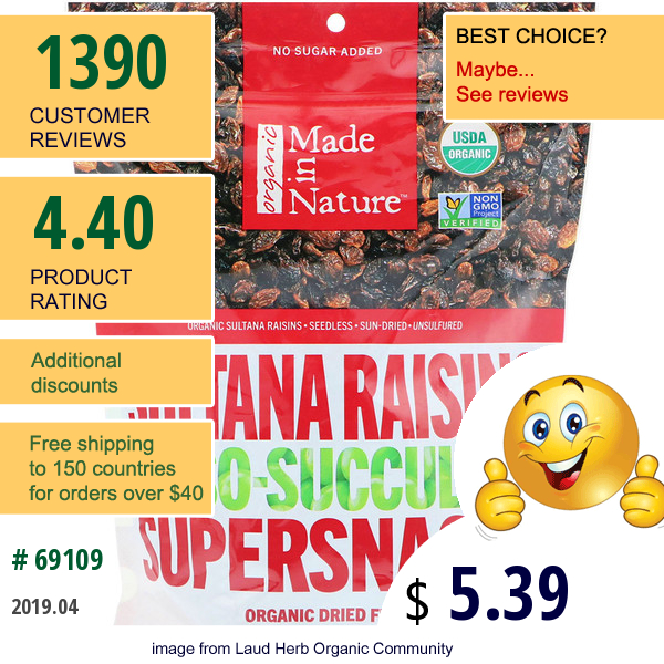 Made In Nature, Organic Dried Sultana Raisins, Oh-So-Succulent Supersnacks, 15 Oz (425 G)