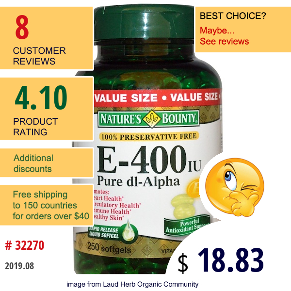 Nature'S Bounty, E-400 Iu, Pure Dl-Alpha, 250 Softgels  