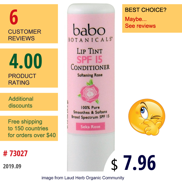 Babo Botanicals, Lip Tint Balm, Spf 15, Seka Rose, 0.15 Oz (4.2 G)  