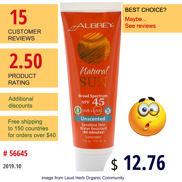 Aubrey Organics, Natural Sun, Sunscreen, Spf 45, Unscented, 4 Fl Oz (118 Ml)  