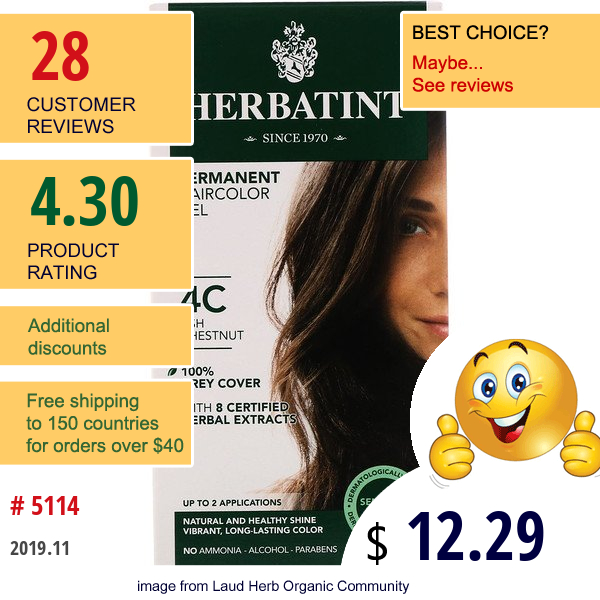 Herbatint, Permanent Haircolor Gel, 4C, Ash Chestnut, 4.56 Fl Oz (135 Ml)