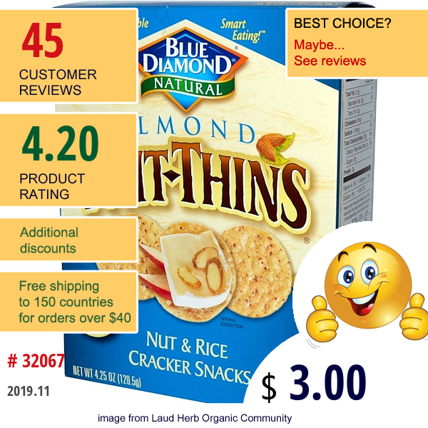 Blue Diamond, Almond Nut-Thins, Nut & Rice Cracker Snacks, 4.25 Oz (120.5 G)  