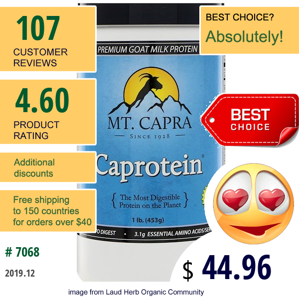 Mt. Capra, Caprotein, Premium Goat-Milk Protein, Natural Vanilla, 1 Lb. (453 G)