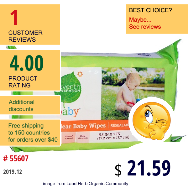 Seventh Generation, Baby, Free & Clear Baby Wipes, Unscented, 5 Packs, 70 Wipes Each  