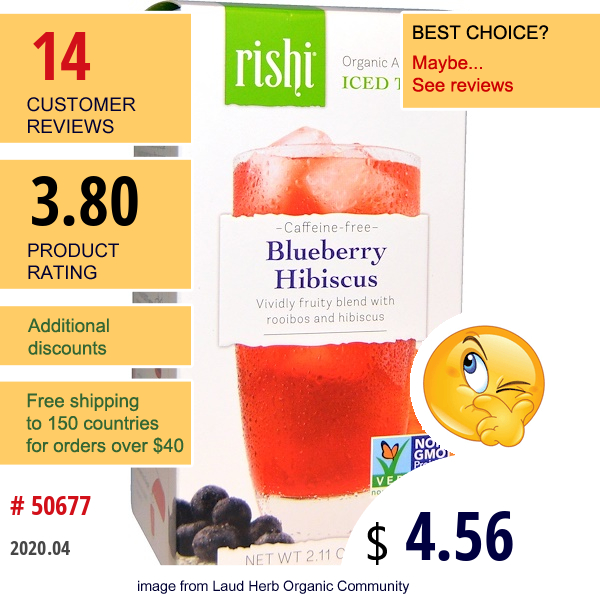 Rishi Tea, Organic Artisan Iced Tea, Caffeine-Free, Blueberry Hibiscus, 5 - 1 Quart Iced Tea Sachets, 2.11 Oz (60 G)  