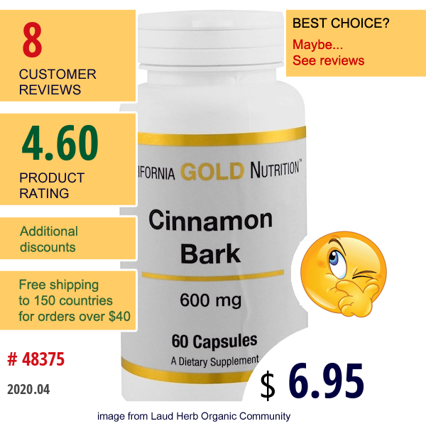 California Gold Nutrition, Cinnamon Bark, 600 Mg, 60 Capsules  