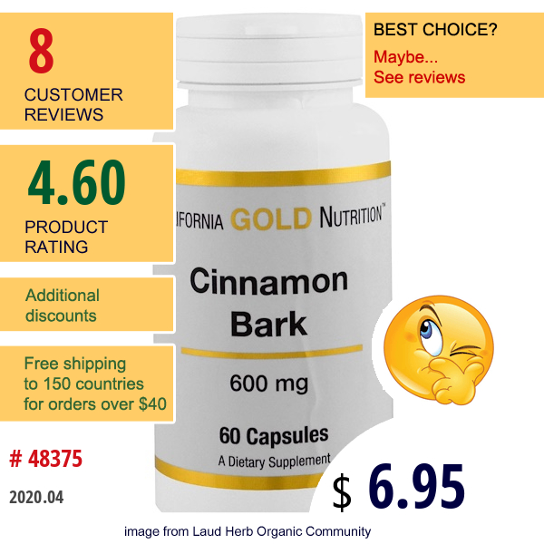 California Gold Nutrition, Cinnamon Bark, 600 Mg, 60 Capsules California Gold Nutrition, Cinnamon Bark, 600 Mg, 60 Capsules